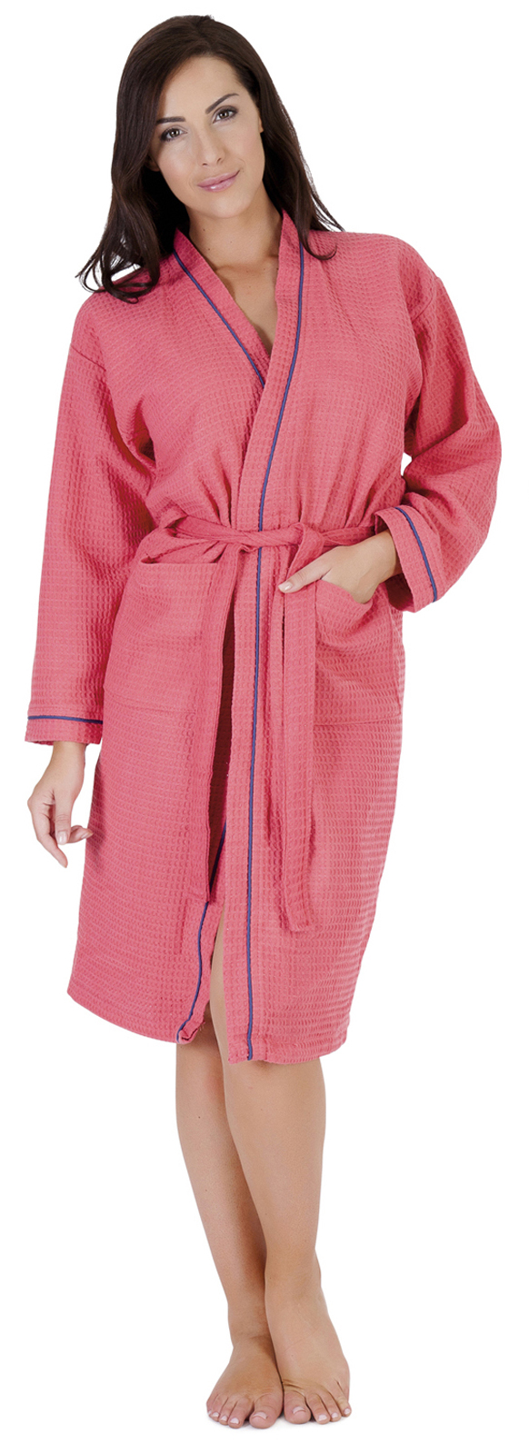 Womens 100 Cotton Waffle Bathrobe or Stripe Dressing Gown Lightweight